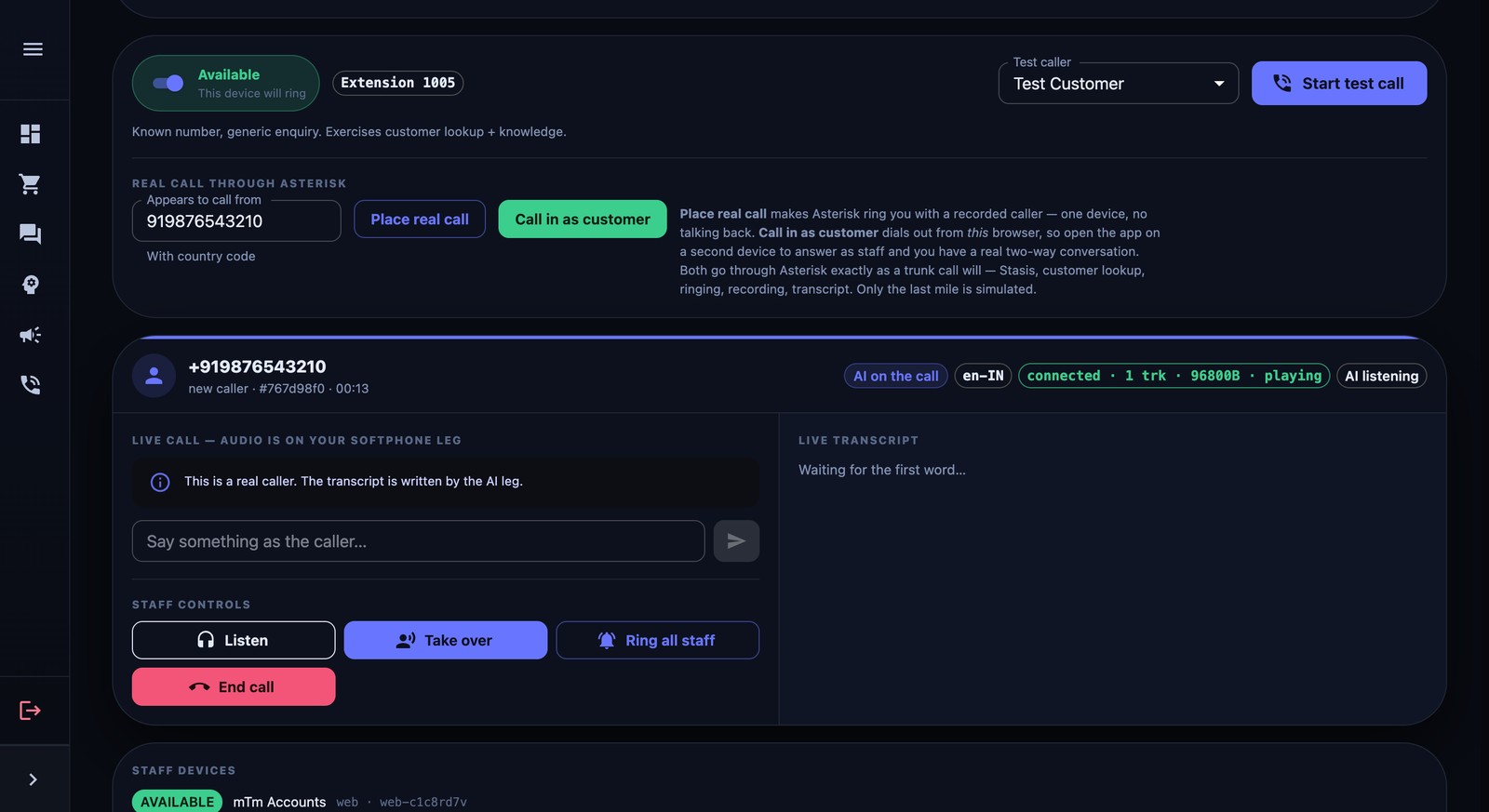 Live AI phone call in progress with staff controls and transcript
