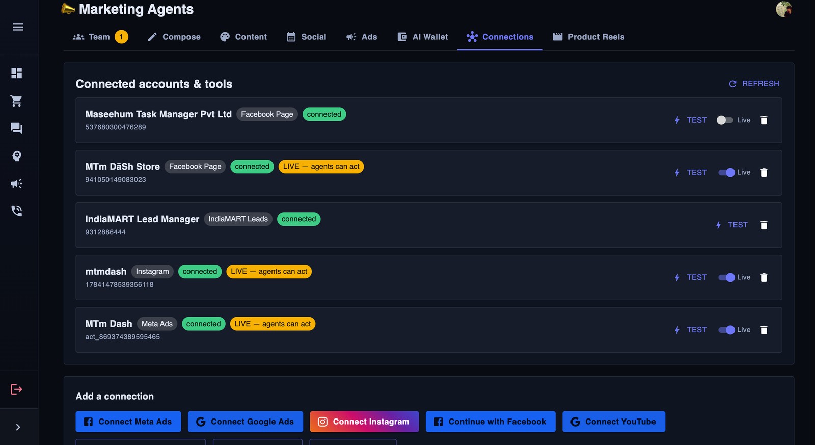 Connected accounts: Facebook, Instagram, Meta Ads and IndiaMART