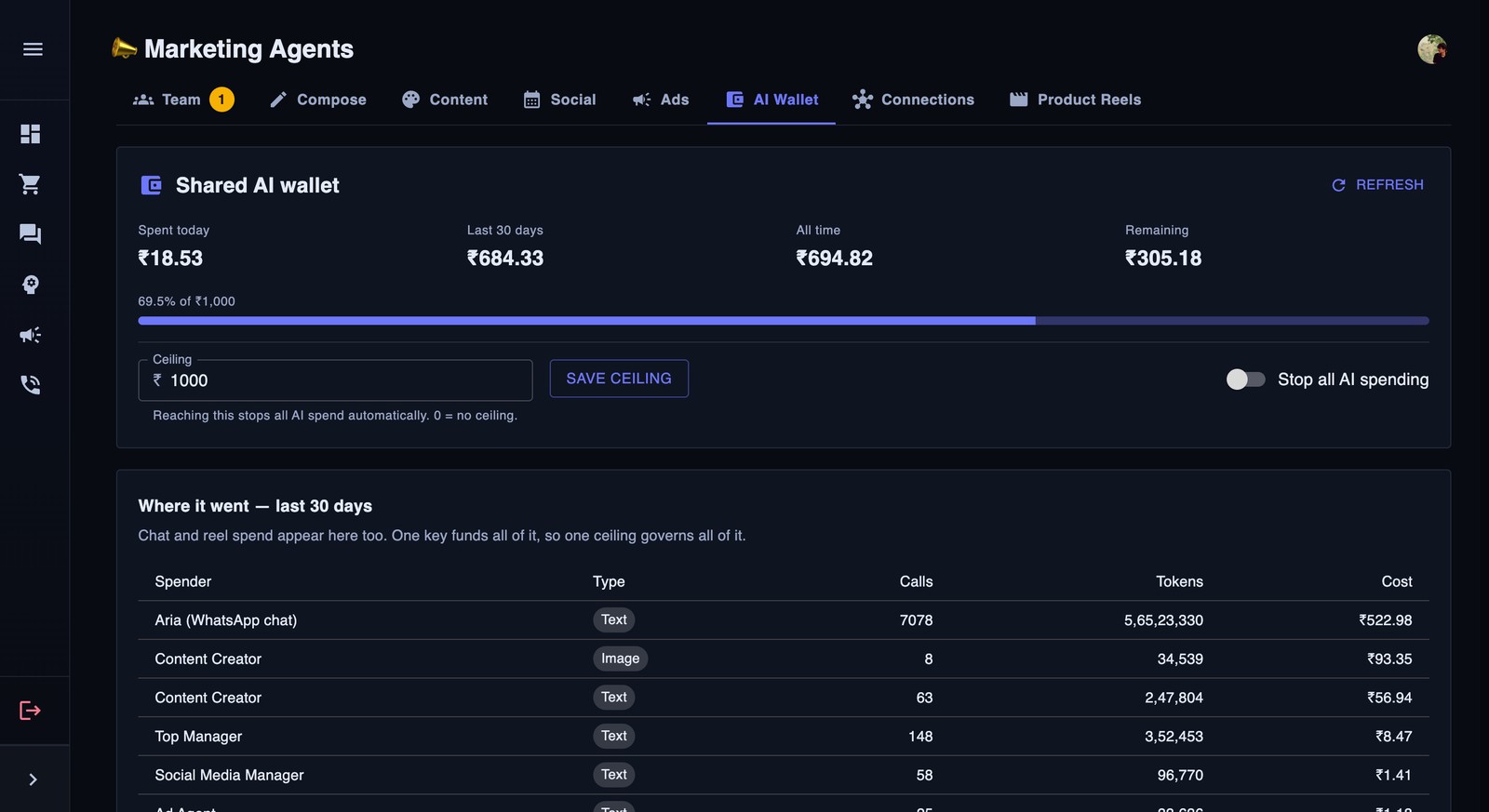 Shared AI wallet with spend broken out by agent